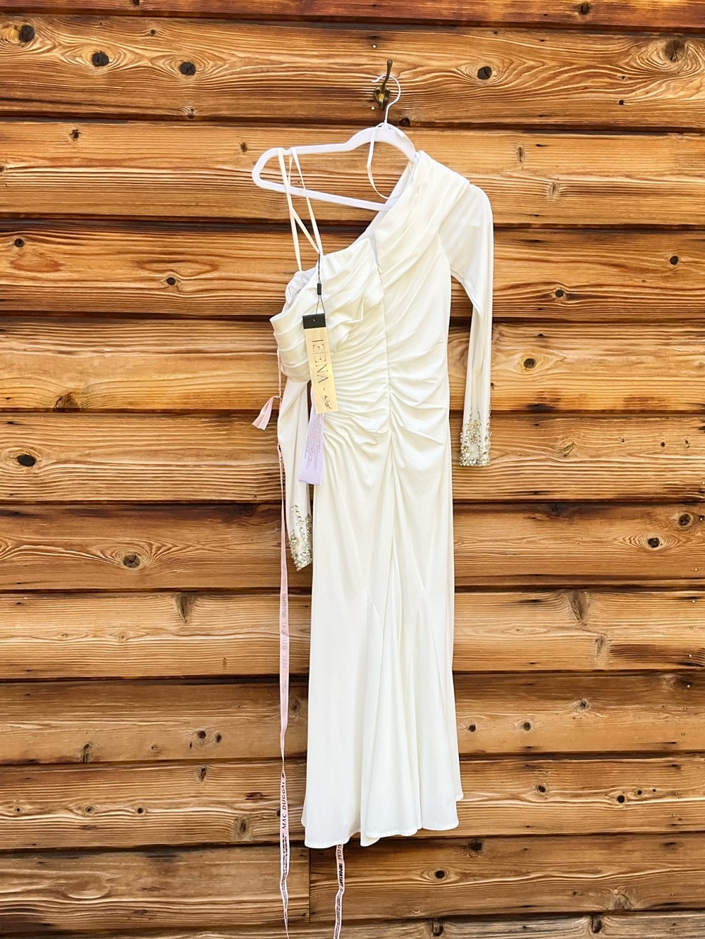 NWT MAC DUGGAL White Fold Over Long Sleeve Jeweled Midi Dress Size 14 - Picture 10 of 12